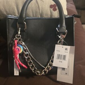 Steve Madden Black Satchel with Silver Chain and Pink Charm